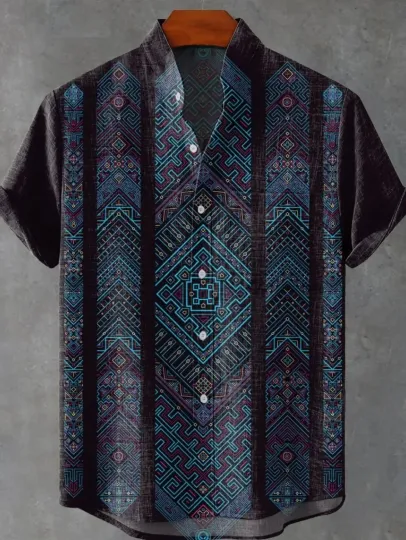 New ethnic-style shirt pattern casual design men's linen printed short-sleeved shirt button fashionable top