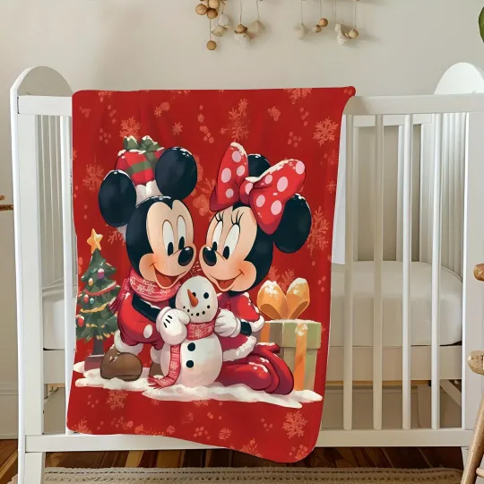Christmas Mickey & Minnie Snowman Throw Blanket, Disney Holiday Decor