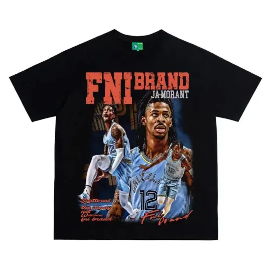 Retro American High Street Morant Print Ort Sve Waed Heavyweight Fashion Unisex Casual T-shirt Loose Fit Round  Versatile Youth