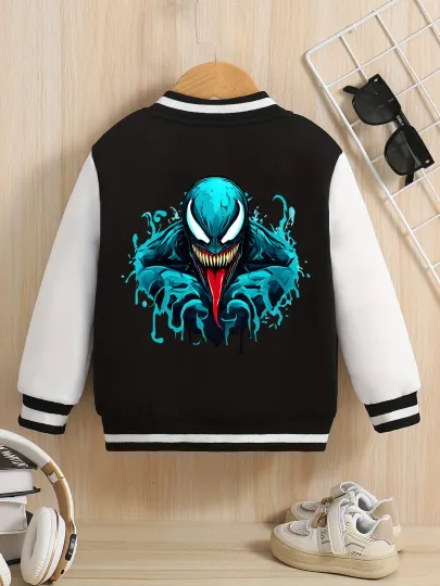 Marvel Boys' Baseball Jacket - Cool Venom Print, Double-Sided Pattern, Soft Fabric