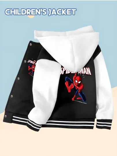 Marvel Boys' Baseball hooded Jacket - Spider-Man Classic Battle Stance Double-Sided Pattern, Soft Fabric