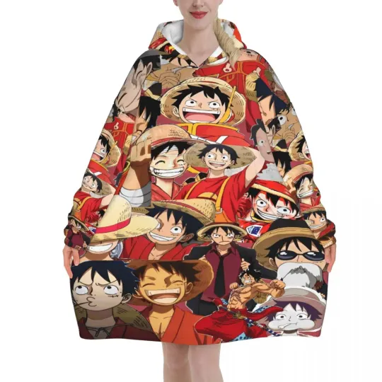 Luffy One Piece Oversized Blanket Hoodie Sweatshirt with Large Pocket for Women Men