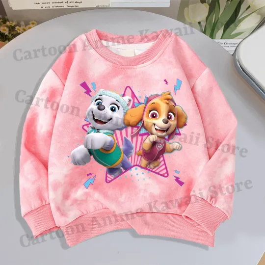 Anime Paw Patrol Tie Dye Round Neck Hoodie for Girls Cartoon Cute Sports Sweatshirt Children Autumn Fashion Sweet Sweatshirts
