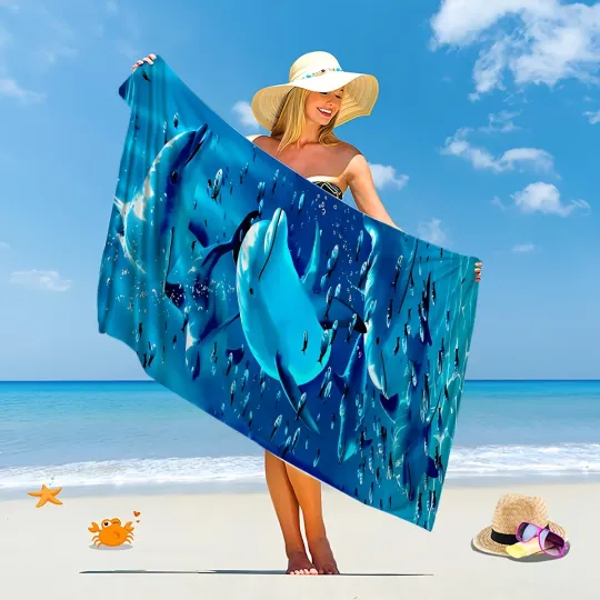 Extra Large Microfiber Beach Towel, Super Absorbent, Quick-Dry, Lightweight, Dolphin & Fish Design,Sun & Wind Protection,Travel