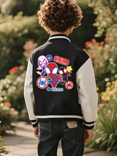 Marvel children's baseball jacket - Spider-Man family theme print, rich double-sided pattern, suitable for school, playin