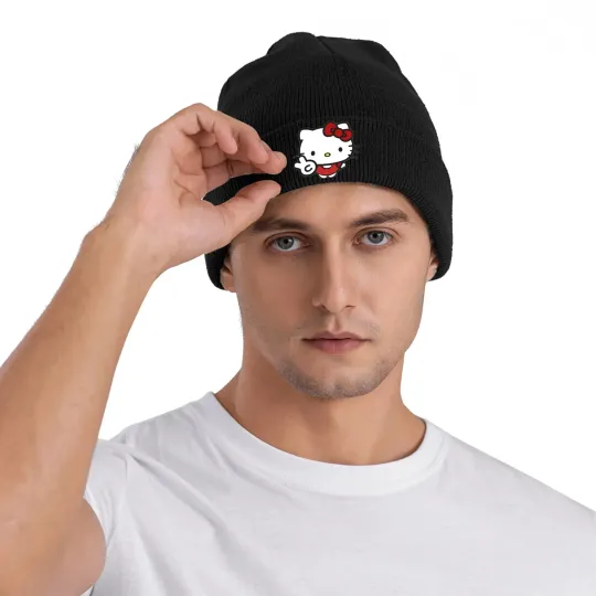 Peace Sign Hello Kitty Knit Beanie Hats - Unisex Winter Graphic Cap