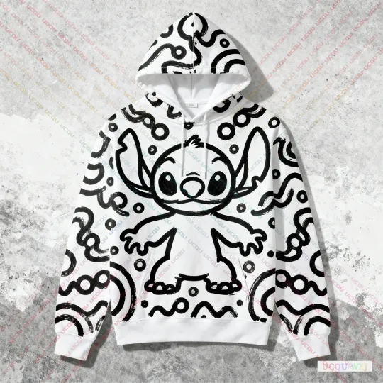 2025 Autumn Winter Plus Size Hooded Sweatshirt Disney Stitch Graffiti Pattern Print Warm And Comfortable Fashionable Sweatshirt