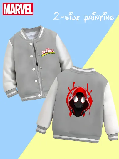 Marvel Boys' Baseball Jacket - Spider-Man Double-Sided Pattern, Comfortable Fabric, Black and White, Trendy for Fall and