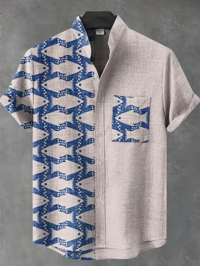 New ethnic-style shirt pattern casual design men's linen printed short-sleeved shirt button fashionable top