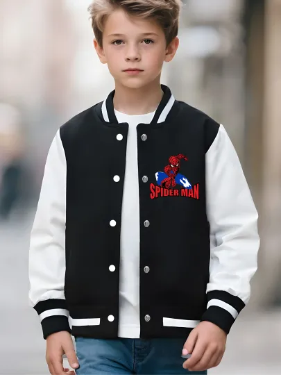 Marvel boys' baseball jacket - Spider-Man digital interactive print, customizable text on both sides, perfect for school,