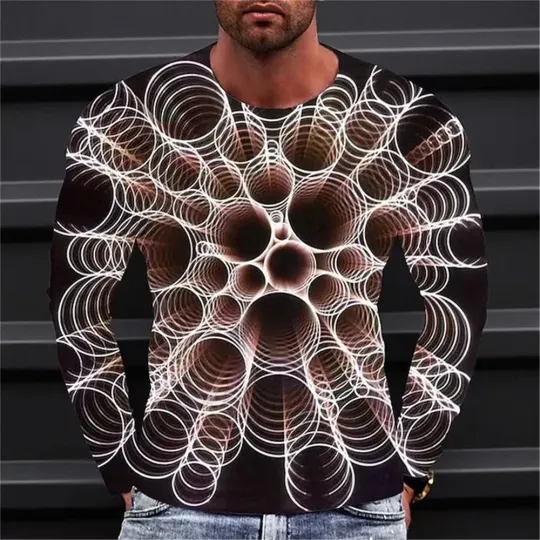 Fashionable Men's Printed T-shirt Optical Illusion Round Neck Long Sleeved Street Harajuku Exaggerated Designer Round Neck Top