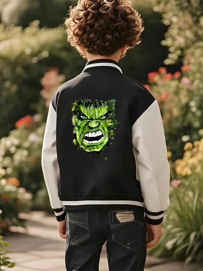 Marvel Boys' Baseball Jacket - Incredible Hulk Print, Double-Sided Pattern, Comfortable Fabric, Black and White, Fashiona