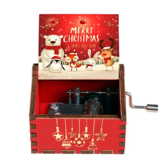 Wooden Hand Crank Music Box Christmas Music Theme Gift for Birthday and New Year