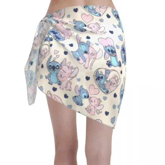 Stitch And Angel Love Women Beach Sarongs Sheer Cover Postal Service Chiffon Bikini Wrap Skirt for Swimwear