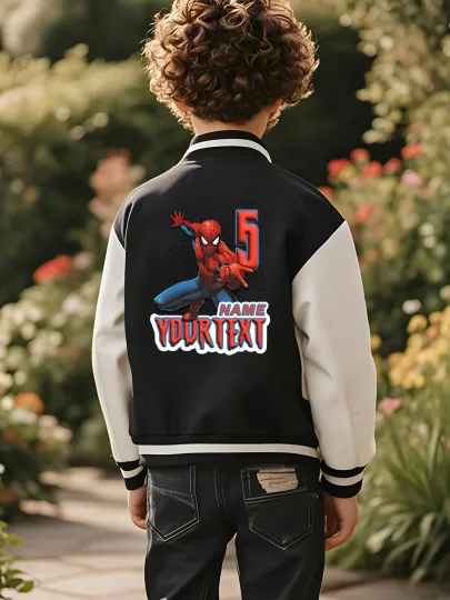Marvel boys' baseball jacket - Spider-Man digital interactive print, customizable text on both sides, perfect for school,