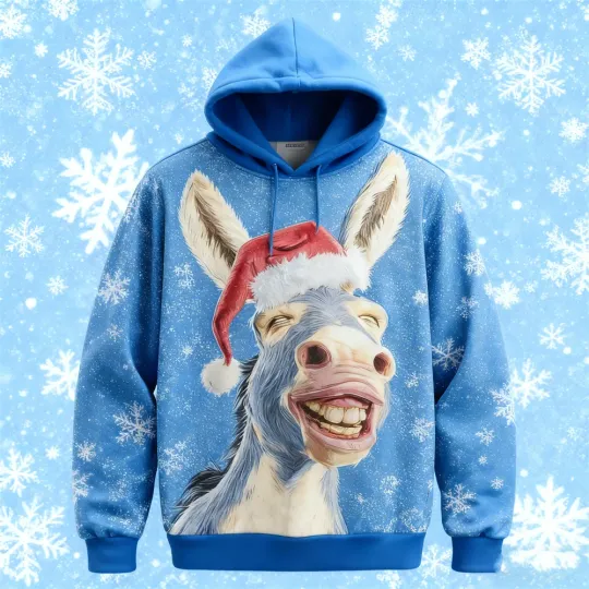 Men's Funny Christmas Donkey Graphic Hoodies 3D Printed Abstract Animal Pattern Hooded Sweatshirts Loose Casual Comfortable Tops