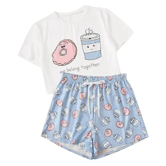 Women'S Fashion Leisure Trend Patchwork Teacup Fruit Printing Pajama Set, 2024 Casual Homewear, Short Sleeve With Shorts 2pc Set