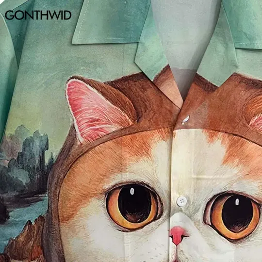 Vintage Funny Cat Mona Lisa Hawaiian Shirt