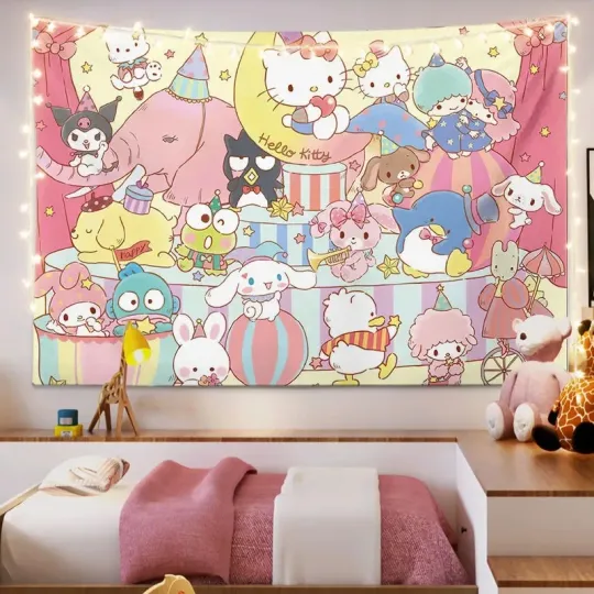 Hello Kitty Sanrio Background Cloth, Halloween Room Decor, Anime Kuromi  Tapestry