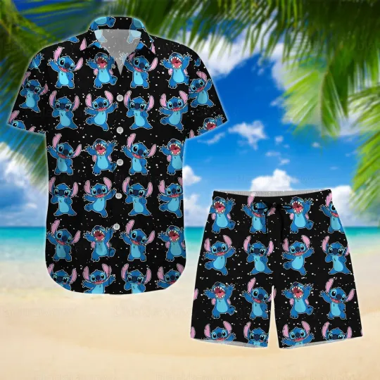 Disney Stitch Men Women Hawaiian Shirt Set of 2 Vintage Button Up Shirt Board Shorts