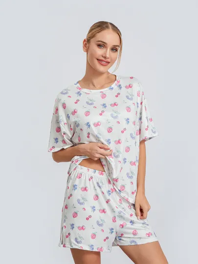 Women 2 Piece Pajama Shorts Sets, Floral Fruit Print Short Sleeve Crewneck T-shirt, Tops and Shorts Summer Lounge Set