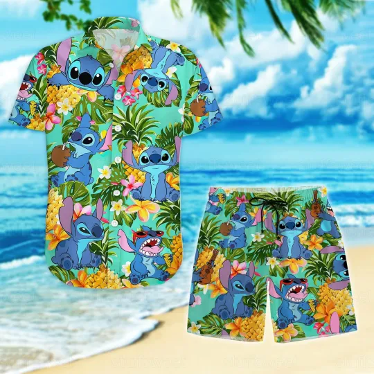 Disney Stitch Men Women Hawaiian Shirt Set of 2 Vintage Button Up Shirt Board Shorts