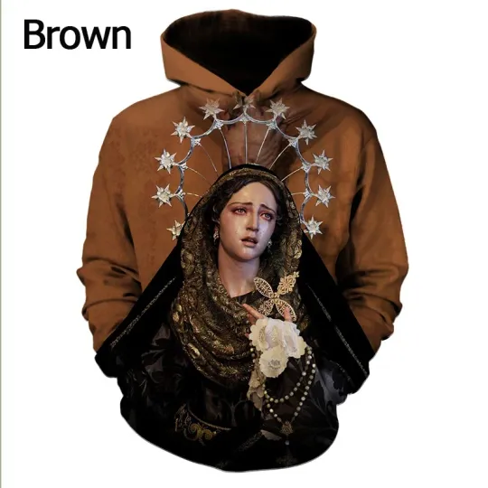 Virgin Mary 3D Printing Brown Color Hoodies, Long Sleeve Fashion Hooded Pullover Hoodie  For Men, Women, Trending Street Fashion