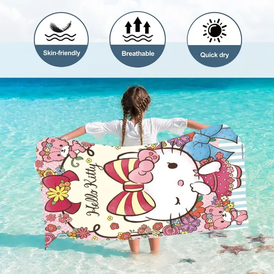 Hello Kitty Cartoon Beach Towel for Kids, Large Microfiber, Travel, Picnic, Pool, Women, Shower, Bathroom, Sanrio, Cute