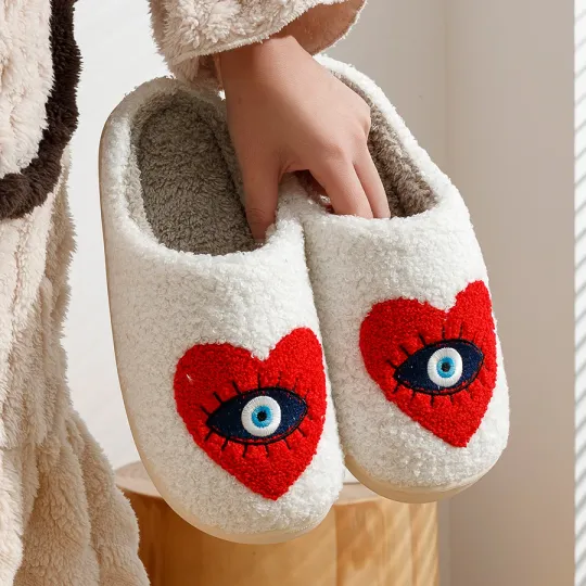 New Home Women's Slippers, winter Warm Houseshoes Evil Eye Style, Fuzzy Comfy Heart Flat Sole Funny Flip Flops Women Shoes