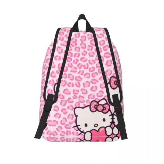 Hello Kitty Cartoon Cute Backpack for Men Women Teenage, High School Work Daypack, Leopard Laptop Computer Canvas Bags, Sports
