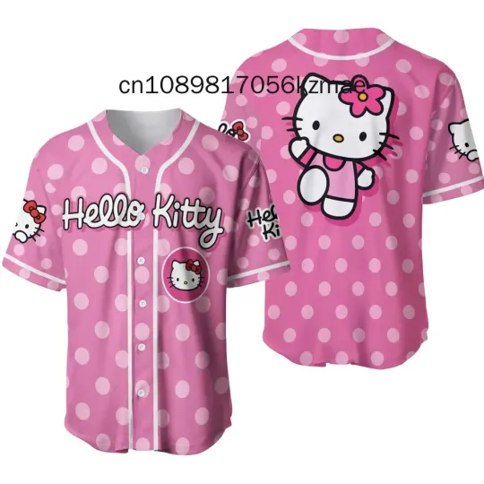 Hello Kitty Baseball Lovely Personalized Cartoon Print Baseball Jersey Shirts, Outdoor Sports Casual Men Women Kids Tops