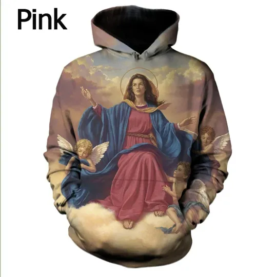 Virgin Mary 3D Printing Pink Hoodies, Long Sleeve Fashion Hooded Pullover Hoodie  For Men, Women, Trending Street Fashion