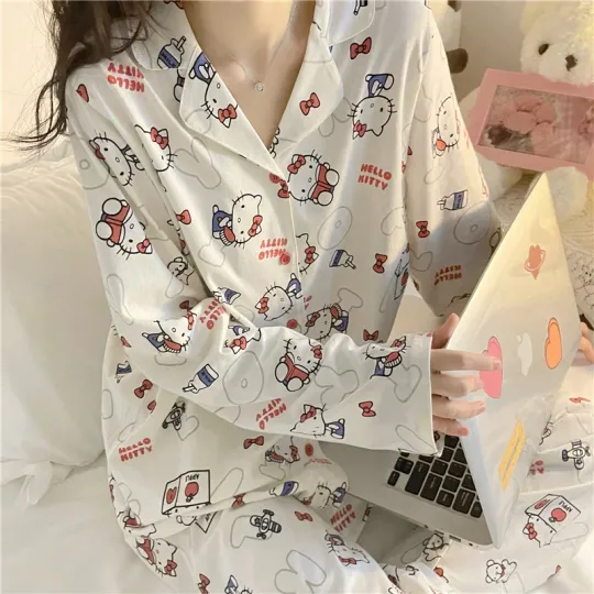 Cartoon Kawaii Sanrio Hello Kitty Pajama Set, Hello Kitty Pajama