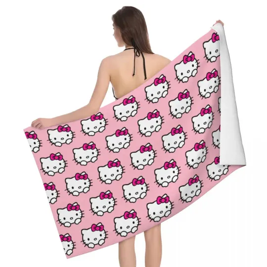 Hello Kitty Pattern Beach Towel, Quick Dry, Sanrio Soft Linen Microfiber, Bathroom Sauna Towels