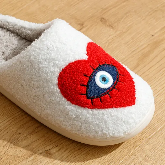 New Home Women's Slippers, winter Warm Houseshoes Evil Eye Style, Fuzzy Comfy Heart Flat Sole Funny Flip Flops Women Shoes