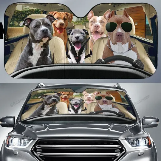 Pitbull Dog Family Car Sunshade , Funny Pitbull Car Sunshade