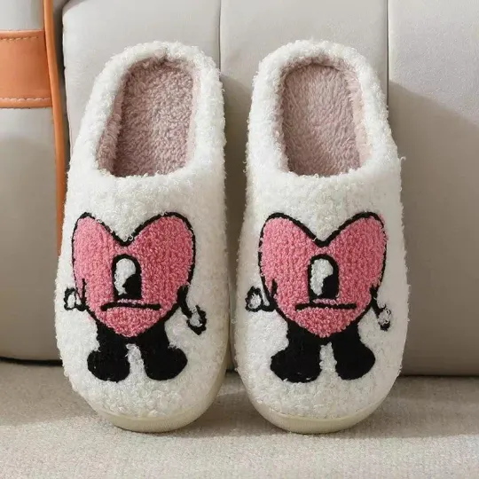 Bad Bunny Slippers, New Autumn Winter Woman Couple Fulffy Fur Warm Slippers,  Plush Fleece Flat Indoor Bedroom Non-slip Comfortable Shoes