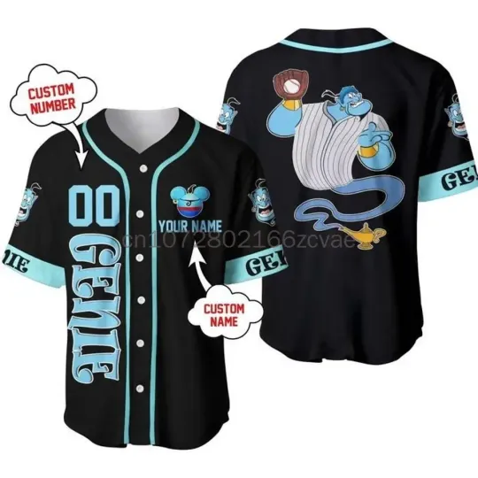 2024 Disney Genie Aladdin Baseball Jersey, 3D Printing Casual Fashion Button Customized Baseball Suit Men's And Women's T-Shirt