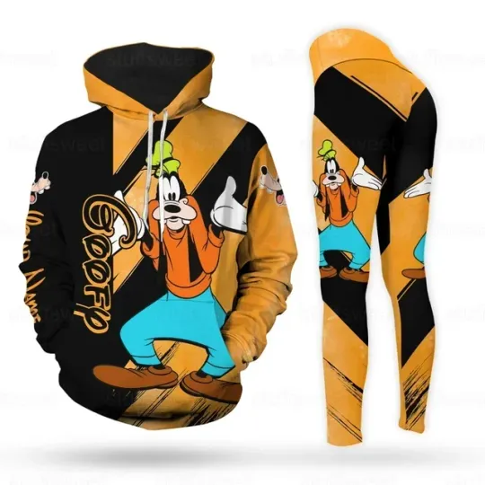 New Goofy Dog 3D Hoodie Leggings Set, Hoodie Yoga Pants Set Disney Yoga Leggings Sweatpants Hoodie Fashion Women's Sports Suit