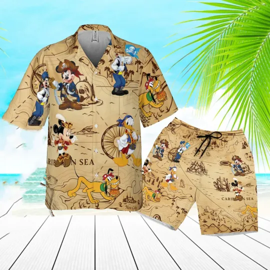 Pirate Mickey Hawaiian Shirt Beach Shorts Men Women Casual Short Sleeve Shirt Set
