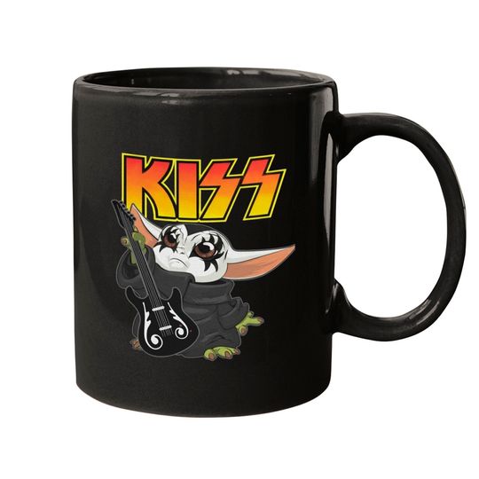 Mandalorian Baby Yoda Kiss Rock Band Mugs Paul Stanley, Gene Simmons, Peter Criss, Ace Frehley, Detroit Rock City Mug