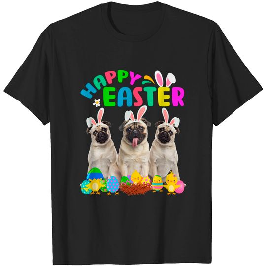 Bunny With Ears T-Shirt Happy Easter Three Pug Wearing Bunny Ear Pug Lover