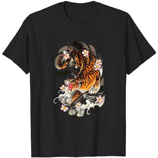Vintage Japanese Tiger Traditional Asian Cherry Blossom Art T-Shirt