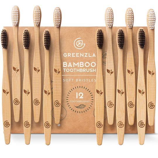 Greenzla Bamboo Toothbrushes (12 Pack), BPA Free Soft Bristles Toothbrushes