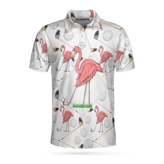 Flamingo Golfer Polo Shirt, Pink Flamingo Golf Polo Shirt, Flamingo Themed Short Sleeve Shirt For Golfers