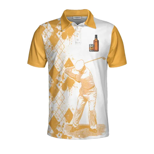 Golf And Wine Polo Shirt, Orange Argyle Pattern Golf Shirt For Male Players
