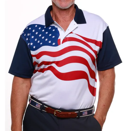 Men's Patriotic Waving American Flag Polo Shirt