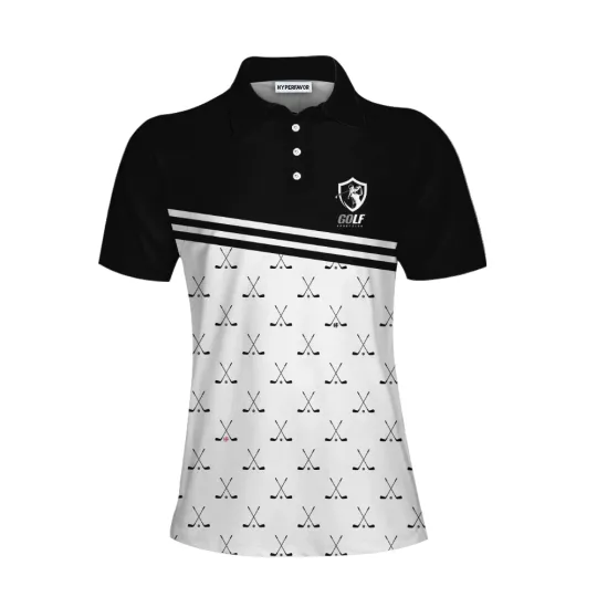 Crossed Black Golf Clubs Golf Short Sleeve Women Polo Shirt, Black And White Golf Shirt For Ladies