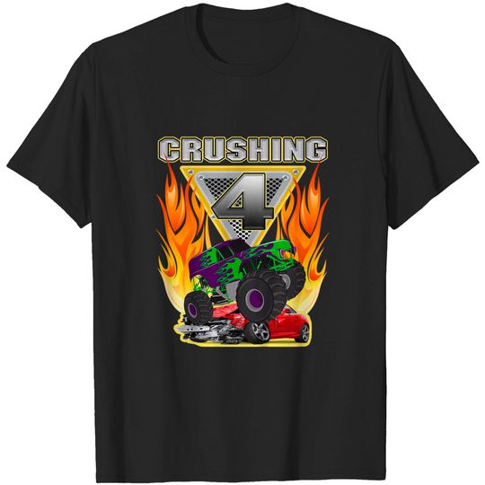 Kids Monster Truck Crushing being 4 four Years Old 4th Birthday T-Shirt