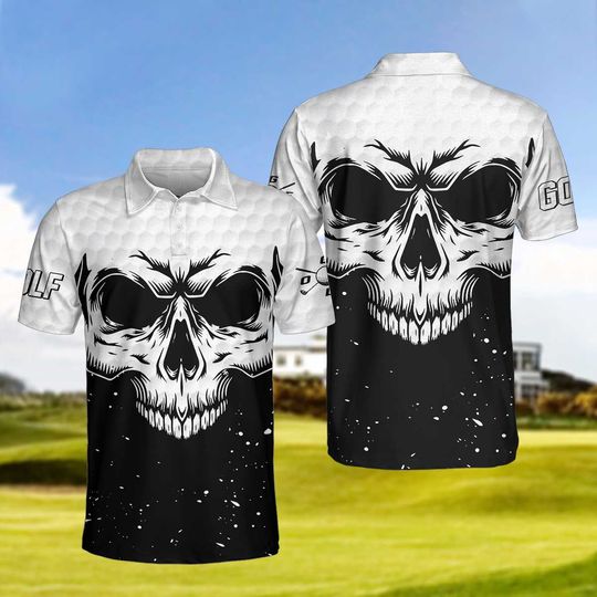 Golf Skull Pattern Black And White Polo Shirt
